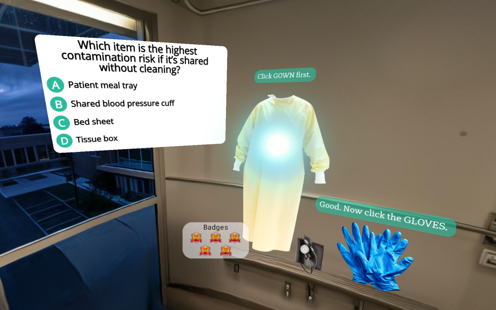 PPE selection scenario with a gown and gloves in the Hospital Competency module